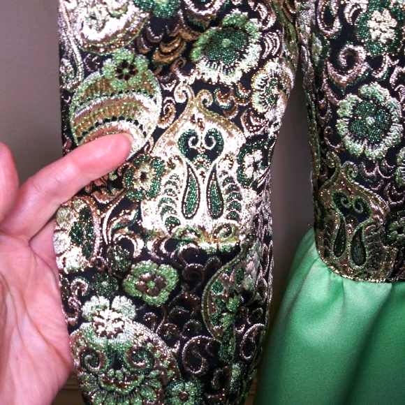 Vintage One-Of-A-Kind Handsewn Black Gold/Mint Lame´ Bodice Long Cocktail Dress - Picture 13 of 16